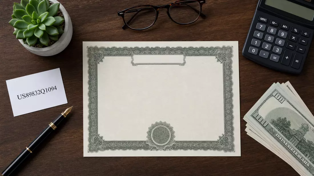 Flatlay mit Aktienzertifikat, ISIN-Karte, Füller und Banknoten auf Holztisch