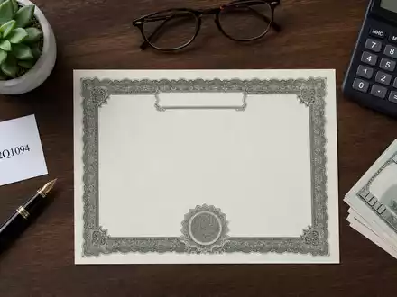 Flatlay-Arrangement repräsentiert Truist Financial (US89832Q1094) mit Aktienzertifikat, ISIN-Karte, Füllfederhalter und Banknoten auf Holztisch - Foto: THN