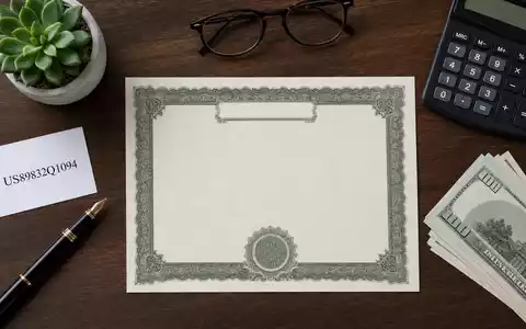Flatlay-Arrangement repräsentiert Truist Financial (US89832Q1094) mit Aktienzertifikat, ISIN-Karte, Füllfederhalter und Banknoten auf Holztisch - Foto: THN