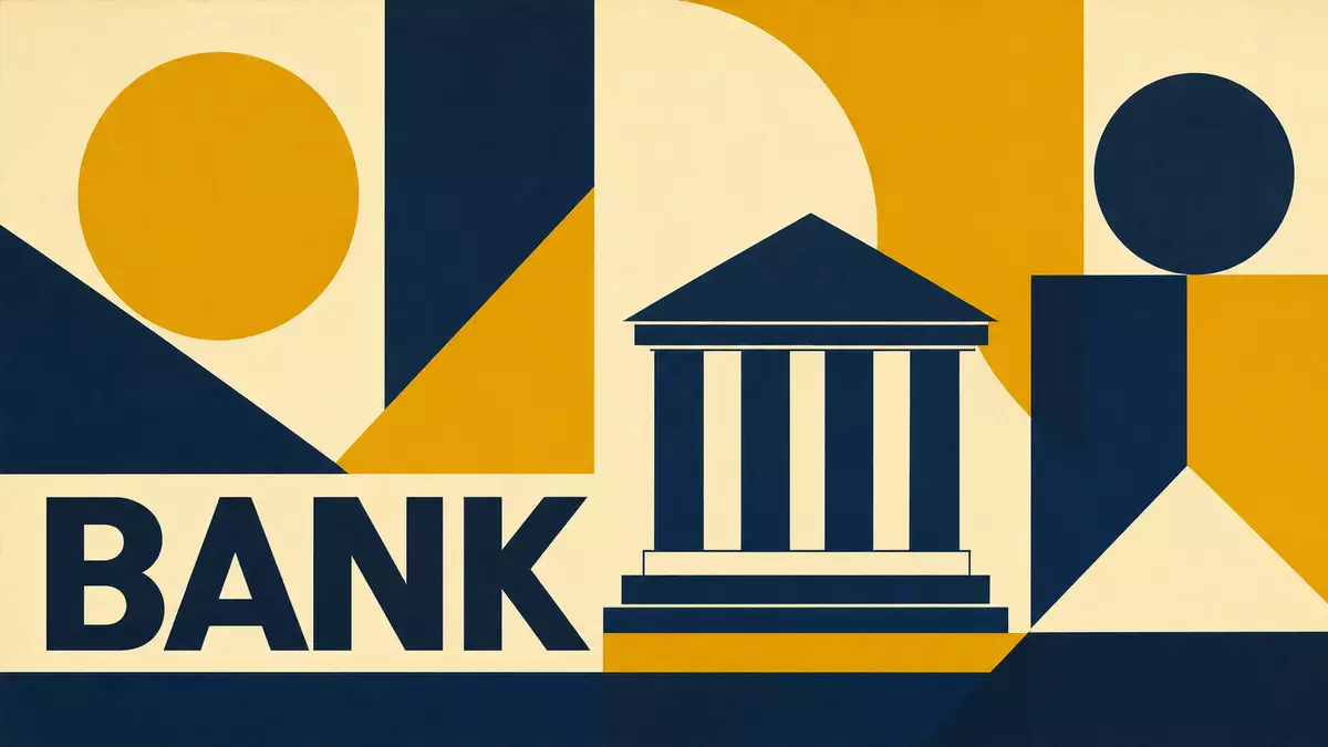 Geometrisches Bauhaus-Poster mit Säulengebäude und dem Wort BANK