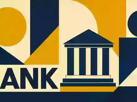 Bauhaus-Poster symbolisiert Truist Financial (US89832Q1094) durch geometrische Formen, Säulengebäude und großen Schriftzug BANK - Foto: THN