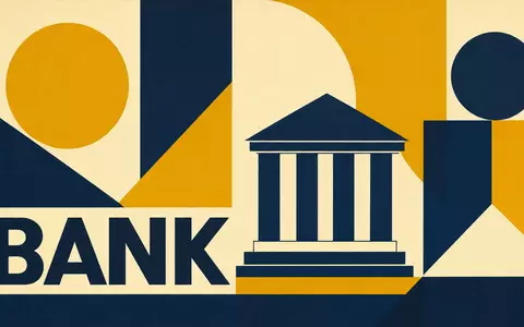 Bauhaus-Poster symbolisiert Truist Financial (US89832Q1094) durch geometrische Formen, Säulengebäude und großen Schriftzug BANK - Foto: THN
