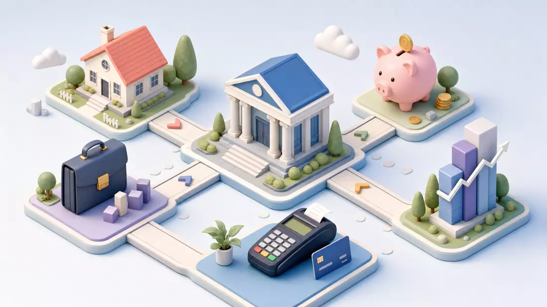 Isometrische 3D-Grafik einer Bank-Wertschöpfungskette mit Haus, Sparschwein und Kartenterminal