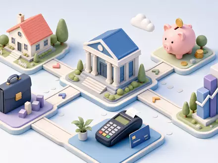 Isometrische 3D-Grafik zeigt Truist Financial (US89832Q1094) als Wertschöpfungskette aus Hypothek, Ersparnissen, Zahlungen und Vermögensverwaltung - Foto: THN