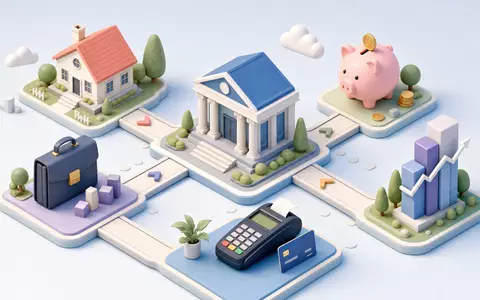 Isometrische 3D-Grafik zeigt Truist Financial (US89832Q1094) als Wertschöpfungskette aus Hypothek, Ersparnissen, Zahlungen und Vermögensverwaltung - Foto: THN