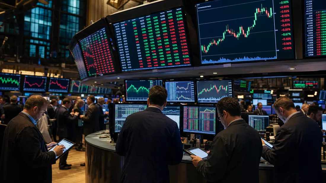 Editorialfoto von Börsenhändlern vor Bildschirmen mit Kursdiagrammen an der NYSE