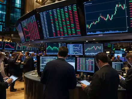 Börsen-Editorial zeigt Truist Financial (US89832Q1094) mit Händlern der NYSE vor Bildschirmen mit Kurs- und Chartdaten - Foto: THN