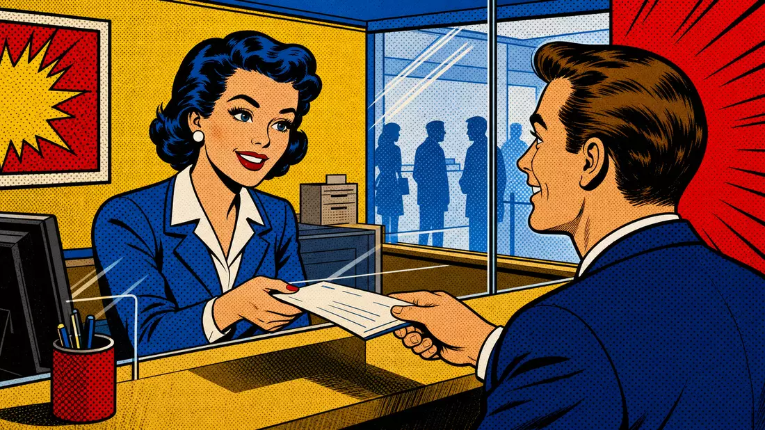 Pop-Art-Comic einer Bankangestellten, die einem Kunden am Schalter hilft