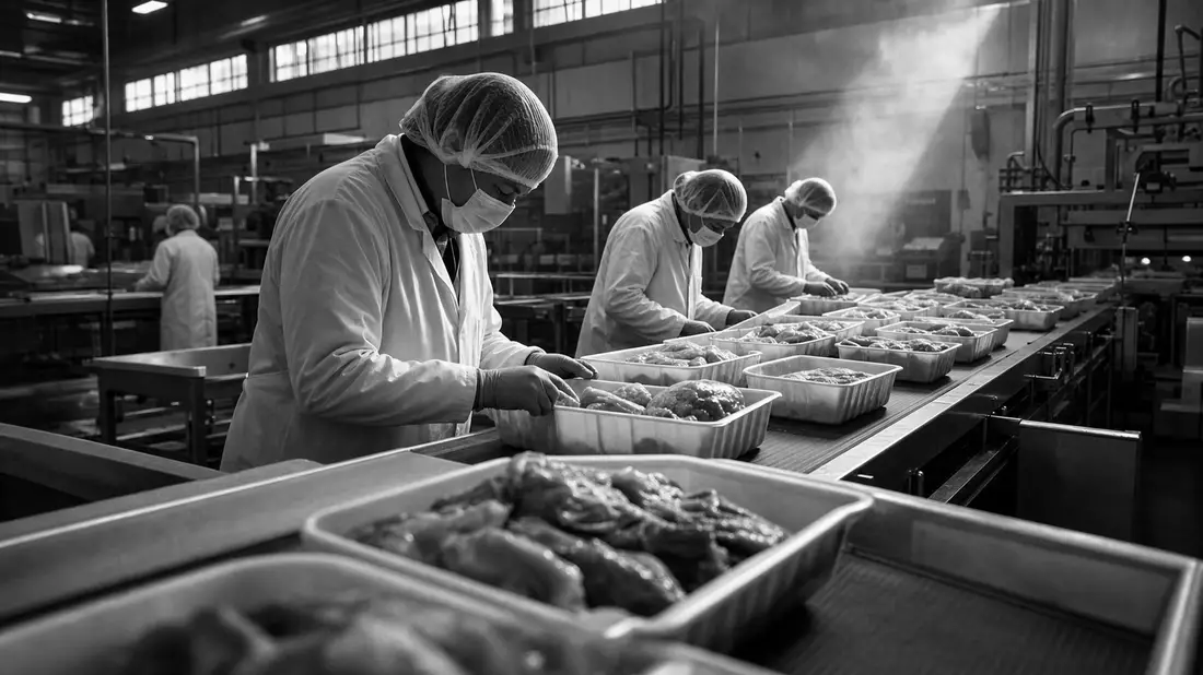Schwarzweiss-Reportagebild einer Fleischverpackungslinie mit Arbeitern