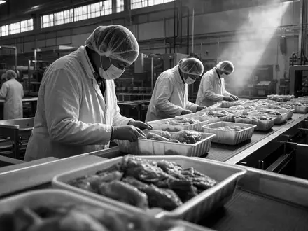 Dokumentarische Schwarzweiss-Reportage aus einer Verpackungshalle zeigt die Produktionsrealität von Tyson Foods Inc., ISIN US9024941034 - Foto: THN