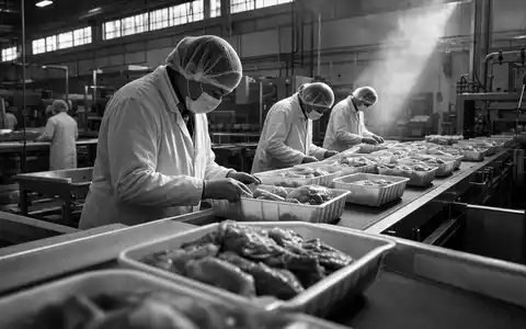 Dokumentarische Schwarzweiss-Reportage aus einer Verpackungshalle zeigt die Produktionsrealität von Tyson Foods Inc., ISIN US9024941034 - Foto: THN