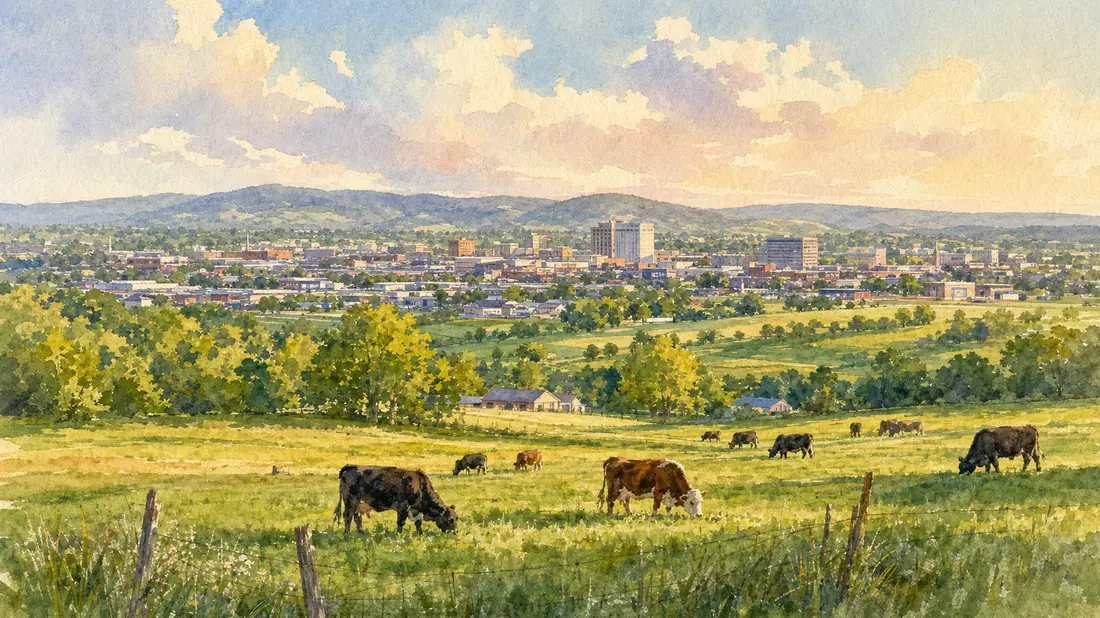 Aquarell von Springdale Arkansas mit Weideland und Rindern