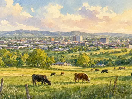 Aquarell einer Kleinstadt mit Weideland symbolisiert den Unternehmenssitz von Tyson Foods Inc., ISIN US9024941034 - Foto: THN