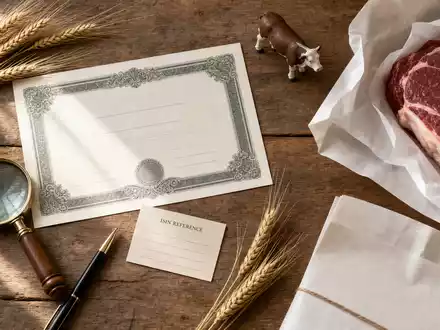 Flatlay mit Aktienzertifikat, ISIN-Karte und unbedruckter Fleischverpackung repräsentiert die Aktie von Tyson Foods Inc., US9024941034 - Foto: THN