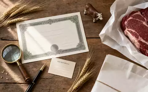 Flatlay mit Aktienzertifikat, ISIN-Karte und unbedruckter Fleischverpackung repräsentiert die Aktie von Tyson Foods Inc., US9024941034 - Foto: THN