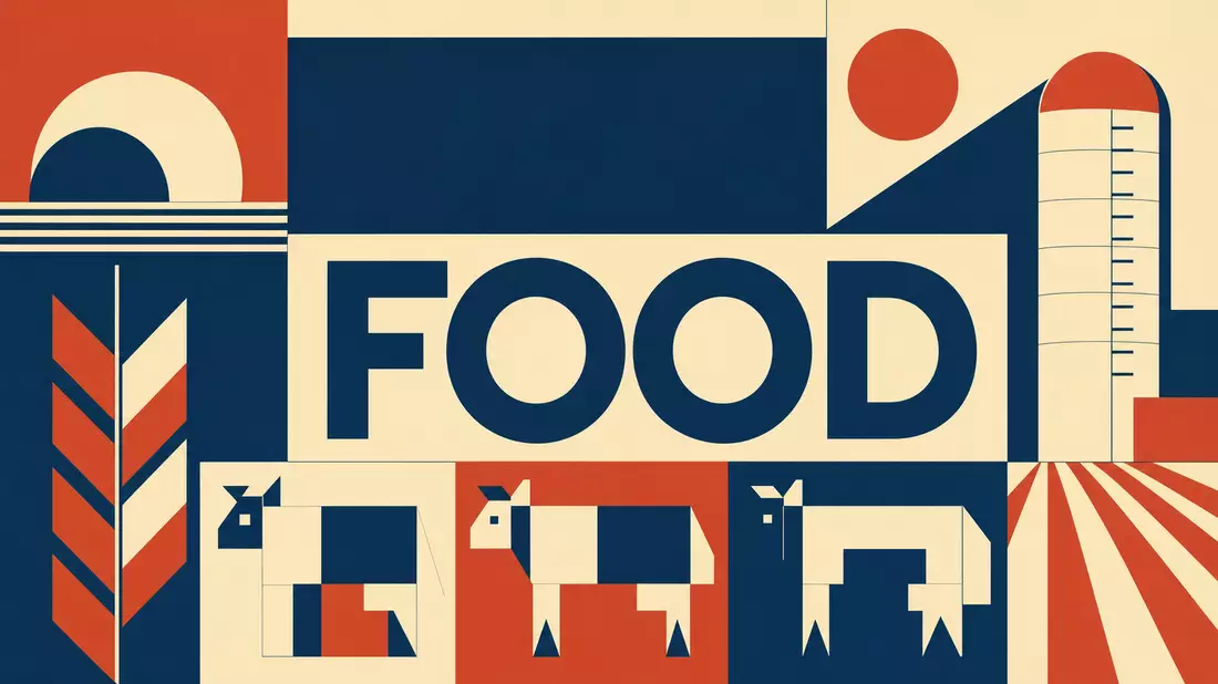 Geometrisches Bauhaus-Poster mit Agrarsymbolen und Schriftzug FOOD