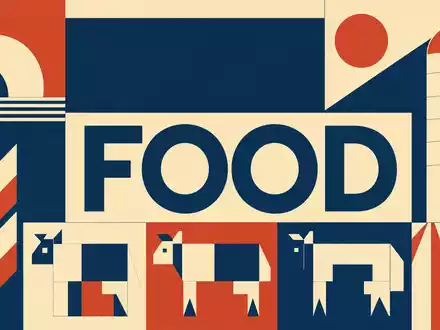 Bauhaus-Poster mit geometrischen Agrarsymbolen und Text FOOD steht sinnbildlich für Tyson Foods Inc., ISIN US9024941034 - Foto: THN