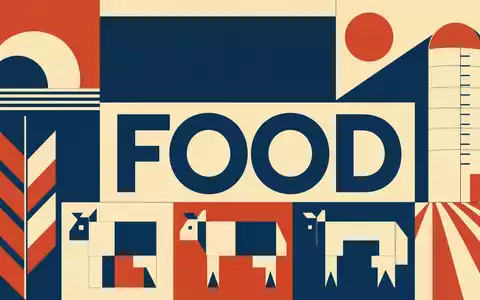Bauhaus-Poster mit geometrischen Agrarsymbolen und Text FOOD steht sinnbildlich für Tyson Foods Inc., ISIN US9024941034 - Foto: THN