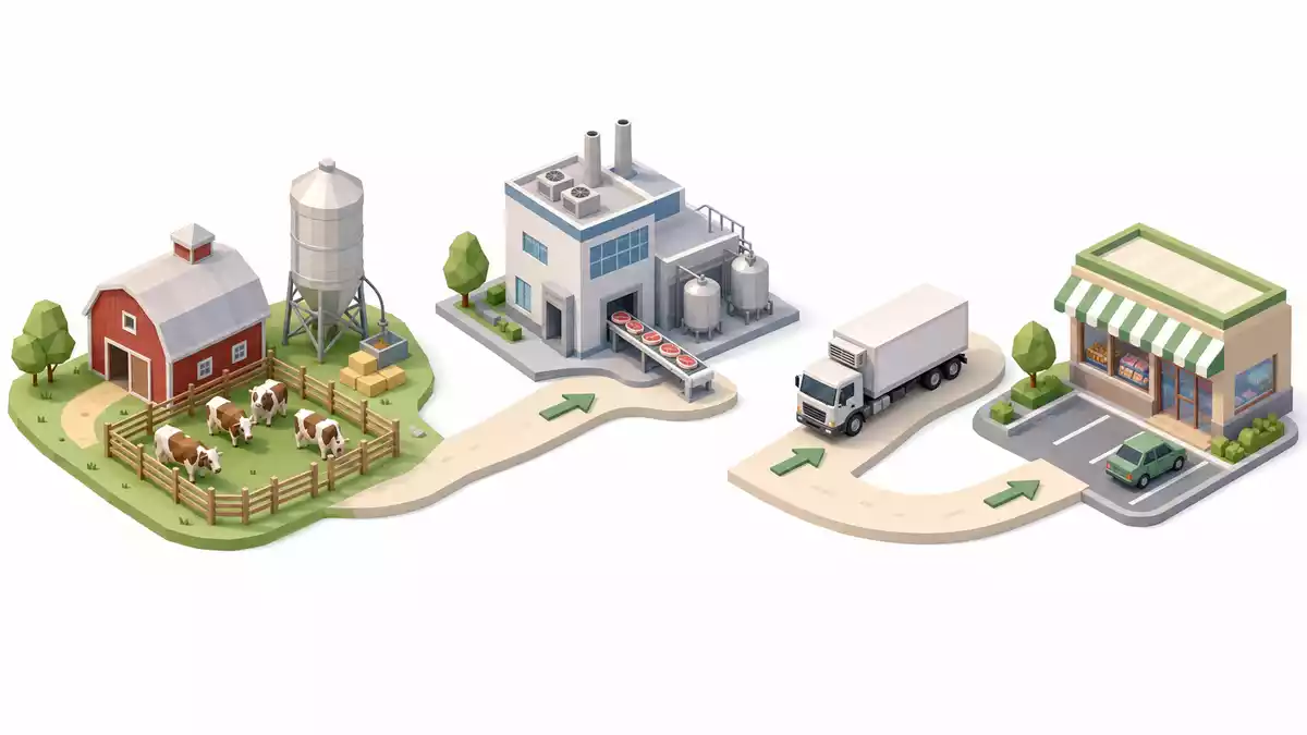 Isometrische Lieferkette von Farm über Fabrik bis Laden