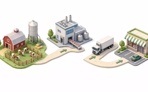 Isometrische 3D-Grafik der Lieferkette vom Bauernhof bis zum Laden veranschaulicht Tyson Foods Inc., ISIN US9024941034 - Foto: THN
