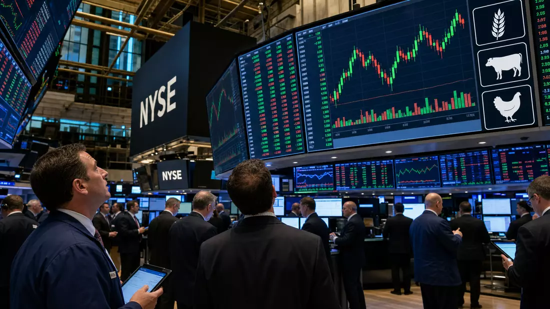 NYSE-Handelsparkett mit Kursdiagrammen für den Agrarsektor