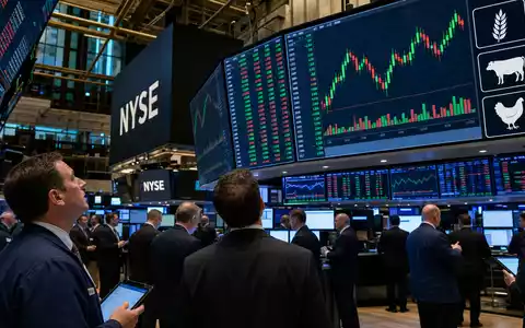 Börsen-Editorial vom NYSE-Handelsparkett mit Agrarcharts symbolisiert die Marktnotierung von Tyson Foods Inc., ISIN US9024941034 - Foto: THN