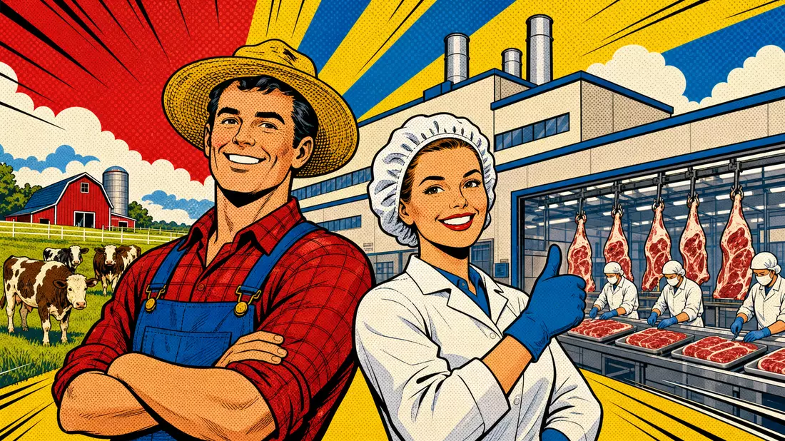 Pop-Art-Comic mit Farmer und Fabrikarbeiterin vor Fleischfabrik