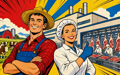 Pop-Art-Comic mit Farmer und Fabrikarbeiterin feiert humorvoll die Lebensmittelbranche von Tyson Foods Inc., ISIN US9024941034 - Foto: THN