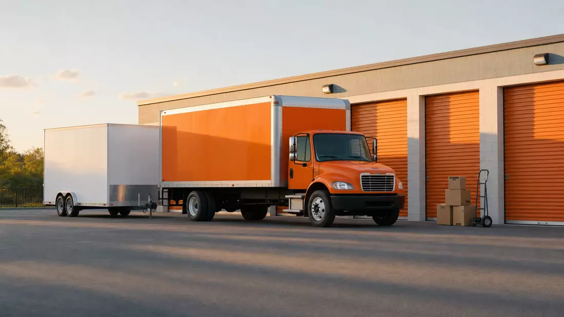 Orangefarbener Umzug-LKW mit Anhänger vor Selfstorage-Anlage im Sonnenlicht