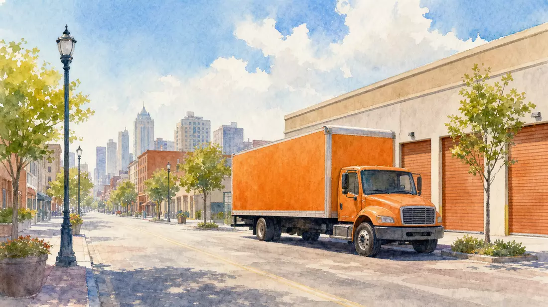 Aquarellmalerei einer Stadtstraße mit orangefarbenem Umzugswagen und Skyline im Hintergrund