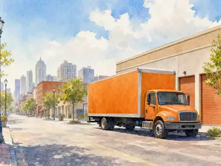 Aquarellbild passend zu U-Haul Holding Co. zeigt Stadtstraße mit Umzug-LKW und Skyline, ISIN US02744A1097 - Foto: THN