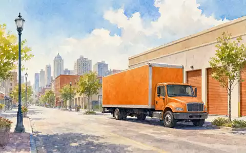 Aquarellbild passend zu U-Haul Holding Co. zeigt Stadtstraße mit Umzug-LKW und Skyline, ISIN US02744A1097 - Foto: THN