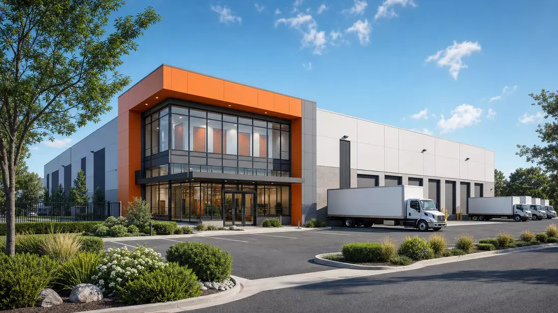 Modernes Architektur-Rendering einer Selfstorage- und Logistikanlage mit LKWs