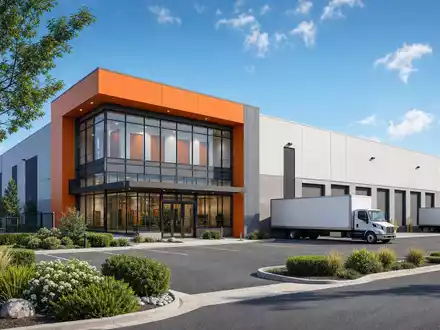 Architektur-Render zu U-Haul Holding Co. zeigt moderne Lagerhalle mit Umzug-LKWs auf dem Vorplatz, ISIN US02744A1097 - Foto: THN