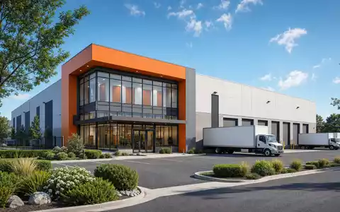Architektur-Render zu U-Haul Holding Co. zeigt moderne Lagerhalle mit Umzug-LKWs auf dem Vorplatz, ISIN US02744A1097 - Foto: THN
