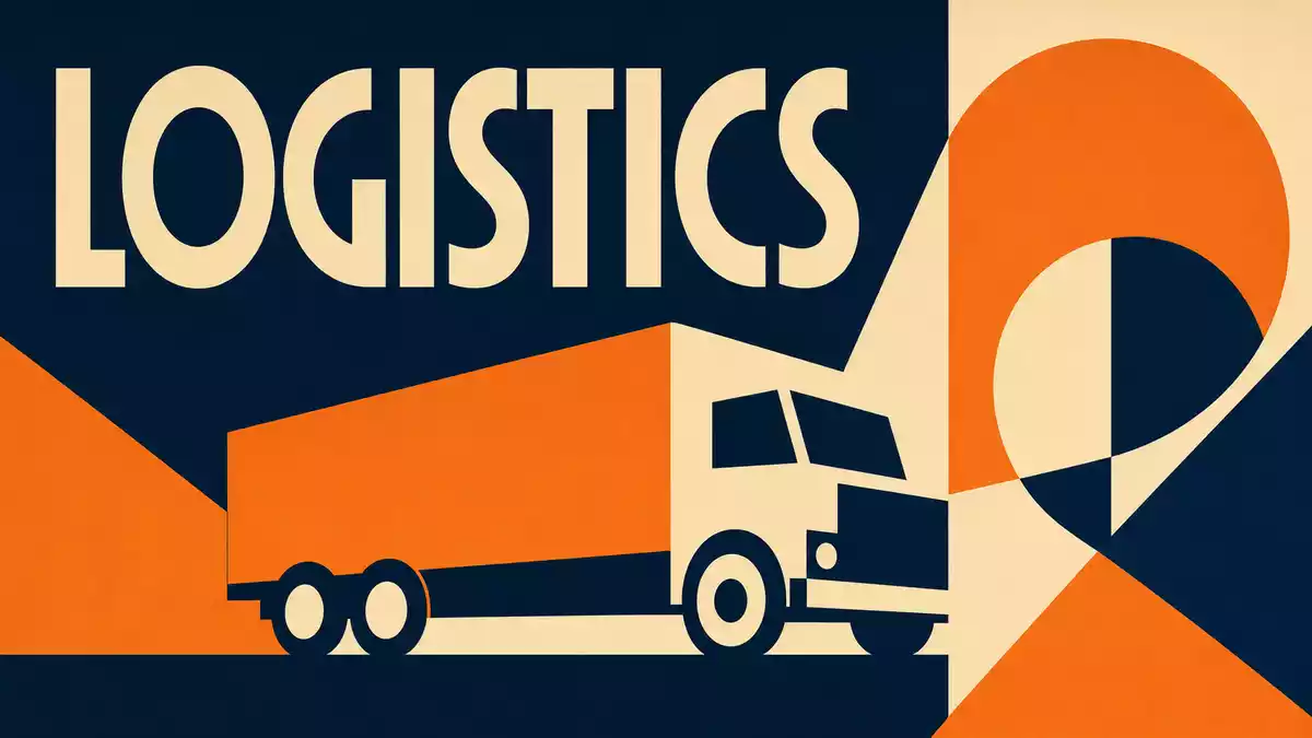 Geometrisches Bauhaus-Poster mit stilisiertem LKW und Text LOGISTICS in Orange