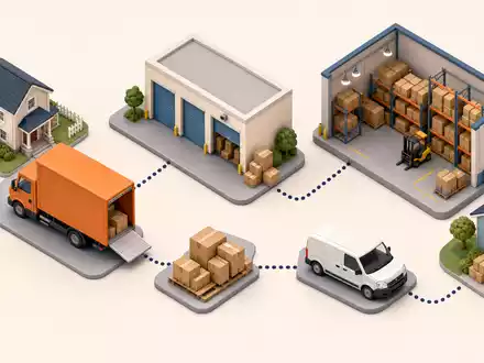 Isometrisches 3D-Diagramm zur Wertschöpfungskette von U-Haul Holding Co. mit Lager und LKWs, ISIN US02744A1097 - Foto: THN