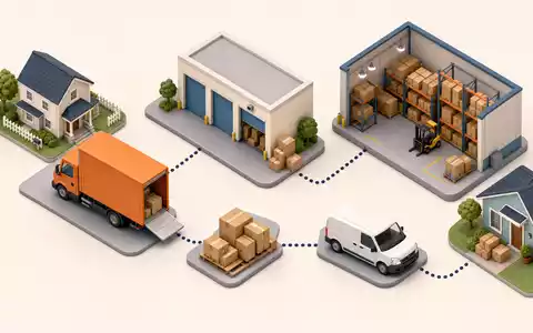 Isometrisches 3D-Diagramm zur Wertschöpfungskette von U-Haul Holding Co. mit Lager und LKWs, ISIN US02744A1097 - Foto: THN