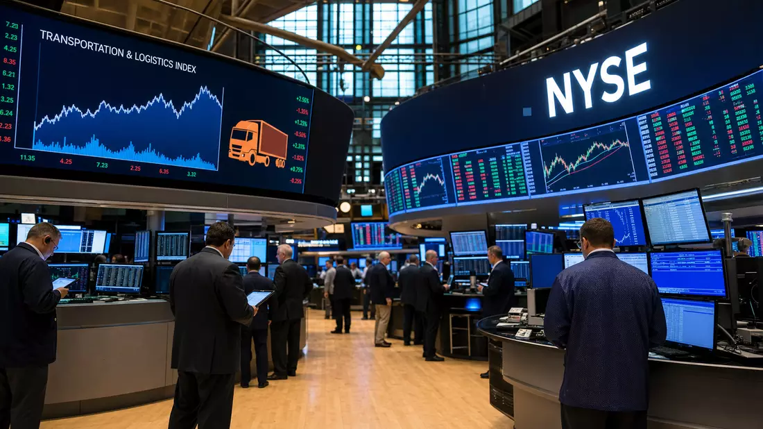 Trading-Floor der NYSE mit Bildschirmen und Charts für den Logistiksektor
