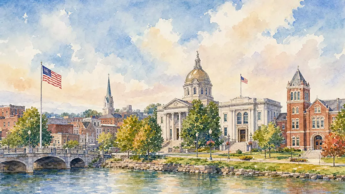 Aquarellbild einer Stadtsilhouette mit Rathaus, Gericht und amerikanischer Flagge am Fluss