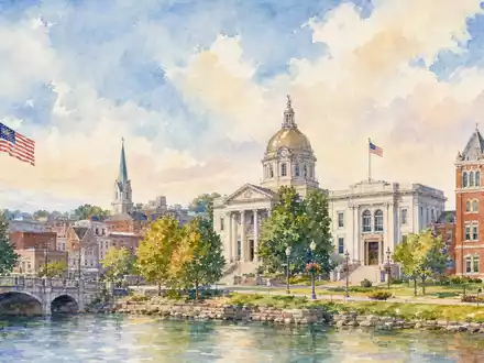 Aquarellmalerei einer amerikanischen Kleinstadt mit Rathaus symbolisiert das Kundenumfeld von Tyler Technologies, ISIN US9022521051 - Foto: THN
