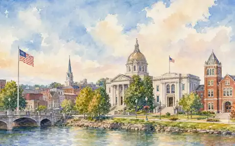 Aquarellmalerei einer amerikanischen Kleinstadt mit Rathaus symbolisiert das Kundenumfeld von Tyler Technologies, ISIN US9022521051 - Foto: THN