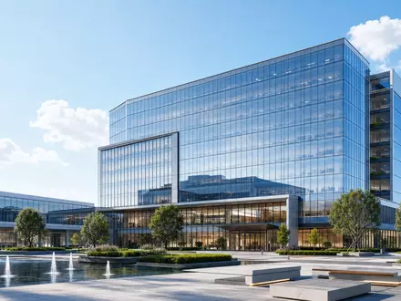 Architektur-Render eines modernen Glas-BĂŒrocampus reprĂ€sentiert den Technologiestandort von Tyler Technologies, ISIN US9022521051, im Softwaresektor - Foto: THN