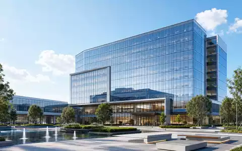 Architektur-Render eines modernen Glas-Bürocampus repräsentiert den Technologiestandort von Tyler Technologies, ISIN US9022521051, im Softwaresektor - Foto: THN