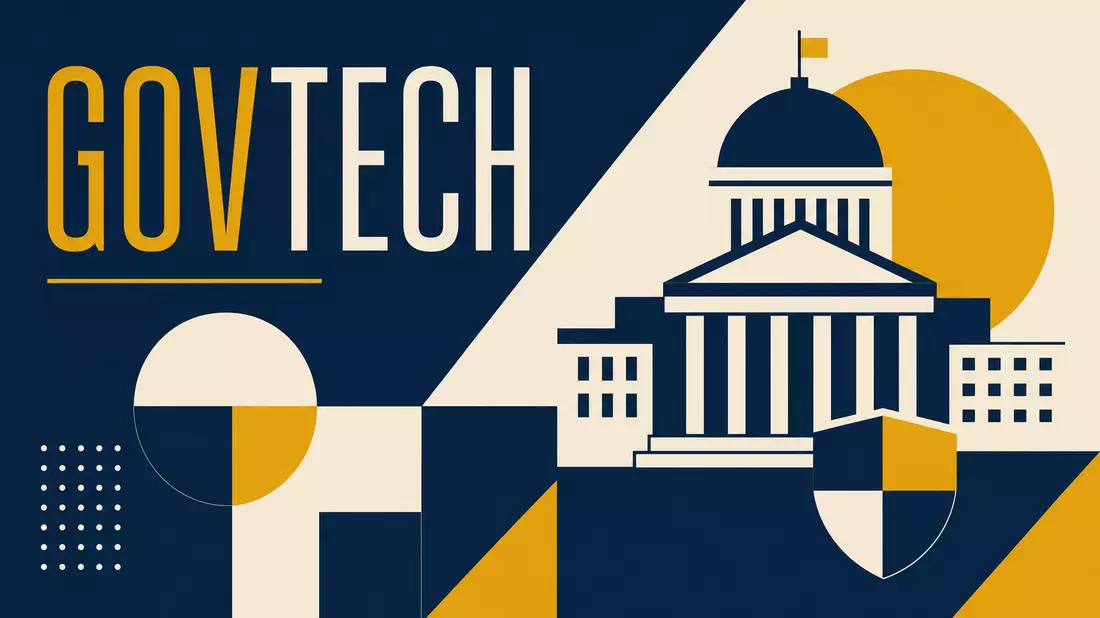 Bauhaus-Poster mit geometrischen Formen, Behördengebäude-Silhouette und dem Wort GOVTECH