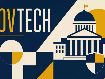 Geometrisches Bauhaus-Poster mit Behördengebäude und Schriftzug GOVTECH symbolisiert den Sektor von Tyler Technologies, ISIN US9022521051 - Foto: THN
