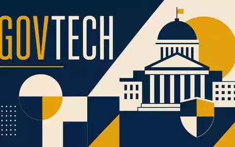 Geometrisches Bauhaus-Poster mit Behördengebäude und Schriftzug GOVTECH symbolisiert den Sektor von Tyler Technologies, ISIN US9022521051 - Foto: THN