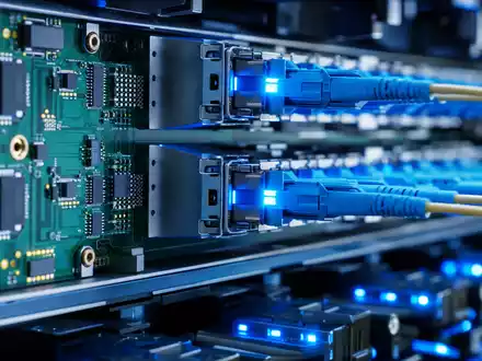 Makroaufnahme einer Serverplatine mit Glasfaserkabeln zeigt die technologische Infrastruktur hinter Tyler Technologies, ISIN US9022521051, Softwarelösungen - Foto: THN