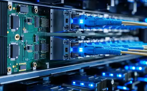 Makroaufnahme einer Serverplatine mit Glasfaserkabeln zeigt die technologische Infrastruktur hinter Tyler Technologies, ISIN US9022521051, Softwarelösungen - Foto: THN