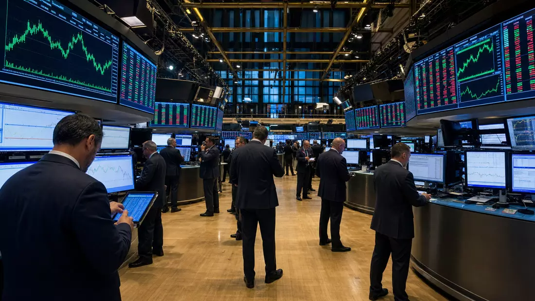 Trading-Floor der New Yorker Börse mit großen Bildschirmen und Kursverlaufsdiagrammen